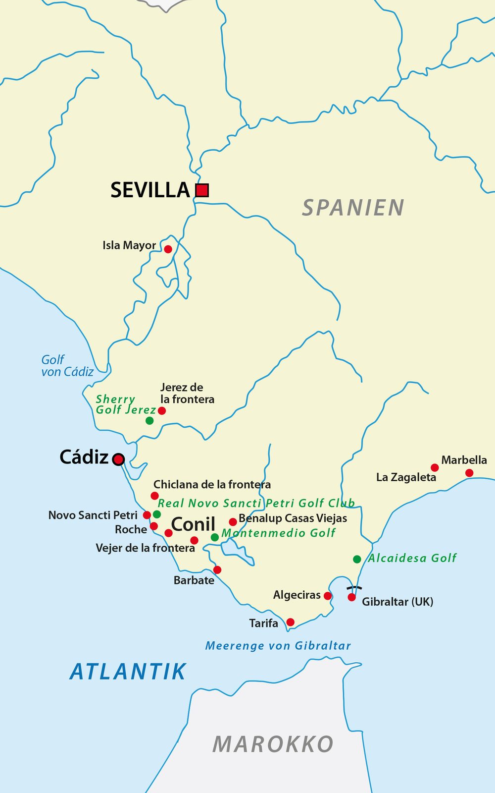 Karte Andalusiens mit den Spielorten der Krimi-Serie, u. a. Conil, Cádiz, Vejer, Barbate, Tarifa, Gibraltar, Sevilla und Marbella sowie Golfplätzen der Region